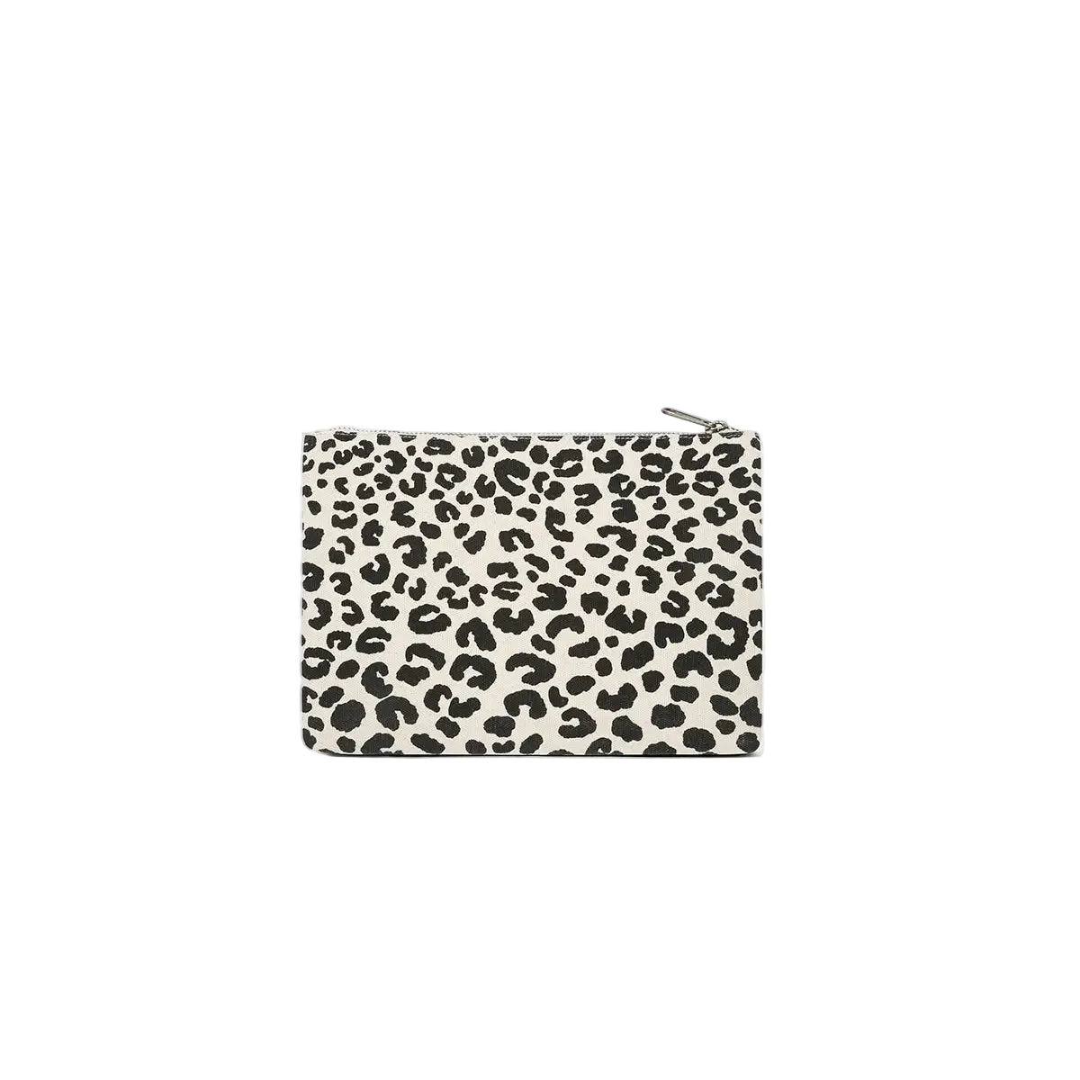 A small rectangular zip pouch with an all-over black leopard print on a warm off-white background, shown against a light gray studio background.