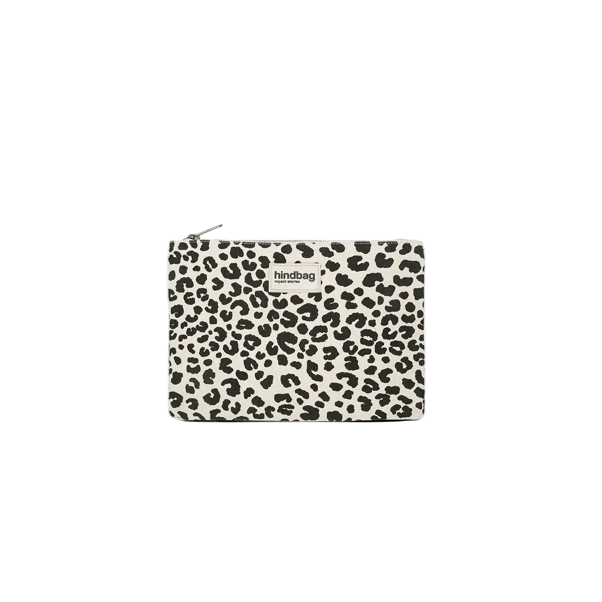A small zippered pouch with an all-over black leopard print on a warm off-white background, featuring a small white 'landbag' brand patch on the front, set against a solid light gray background.
