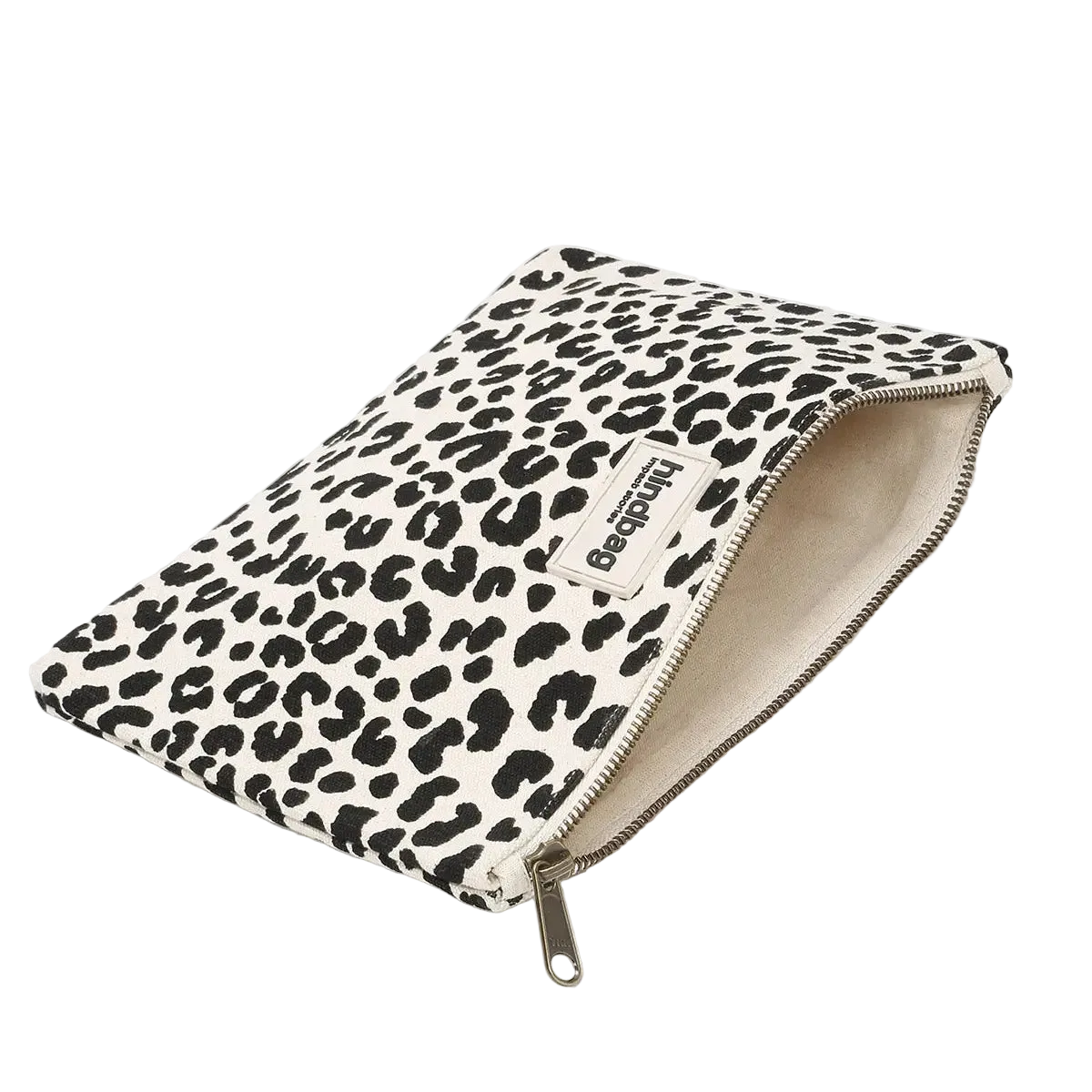A zippered pouch with a black leopard print pattern on a cream background, featuring a beige interior lining and a small beige brand label that reads 'Bejapan'.