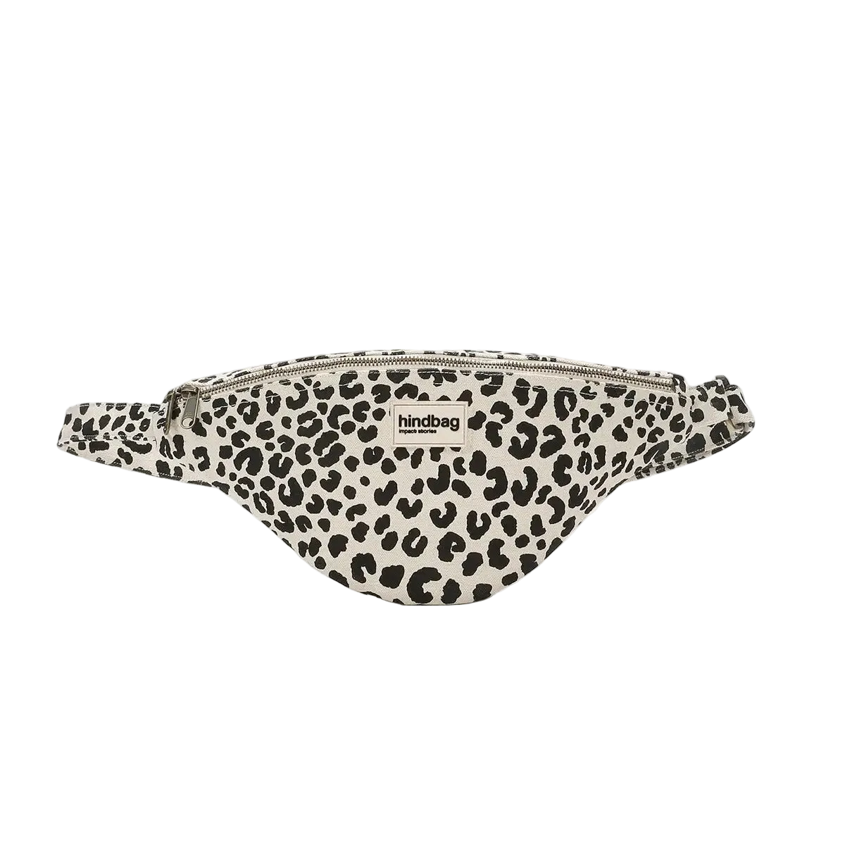 A small fanny pack with a black leopard print pattern on a cream background, featuring a silver zipper and a small 'hindbag' brand label on the front.