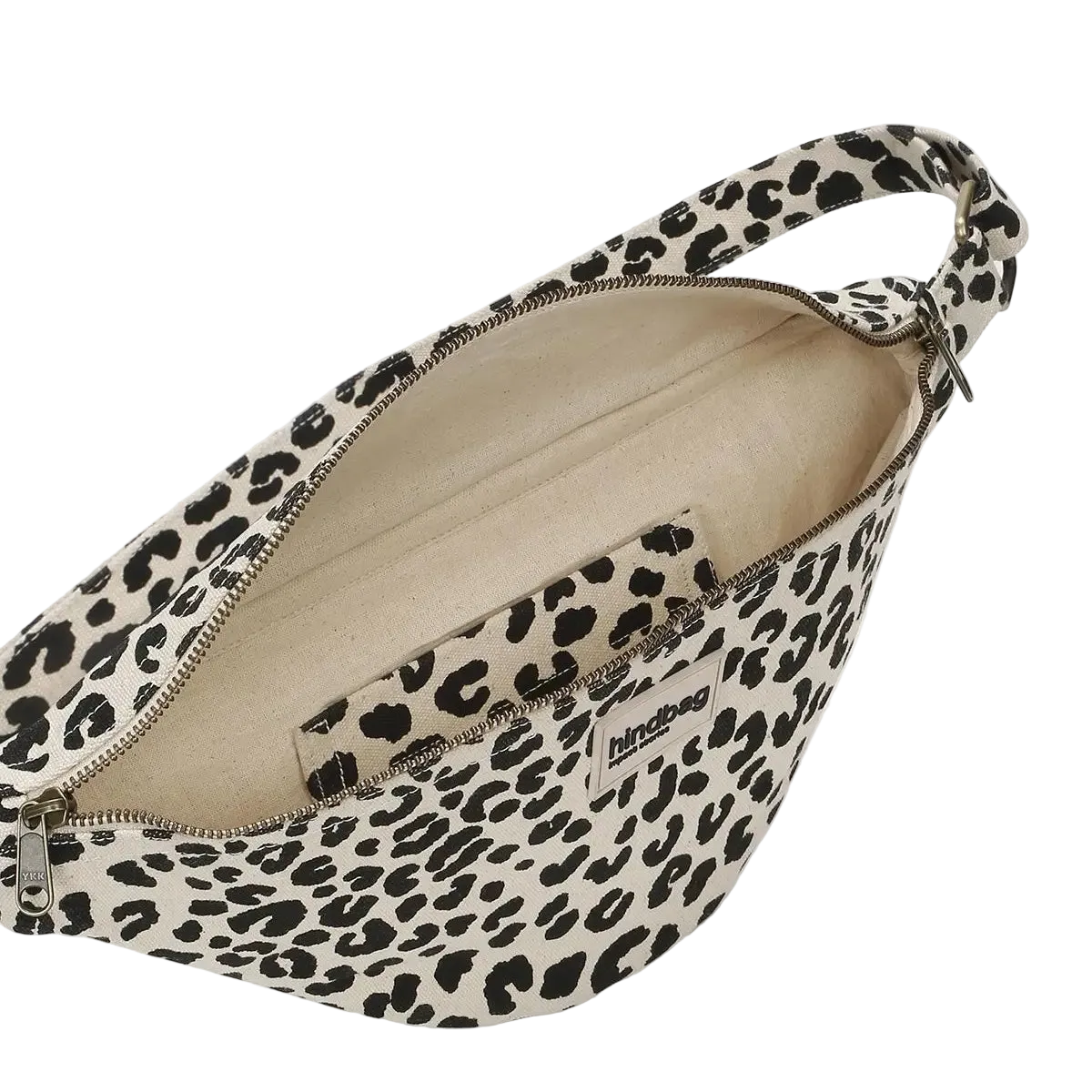 A leopard print cosmetic pouch shown open, displaying its beige interior lining and a zippered main compartment. The exterior features a black and beige leopard pattern, and a small metal brand tag reading 'hirdrop' is visible on the front.