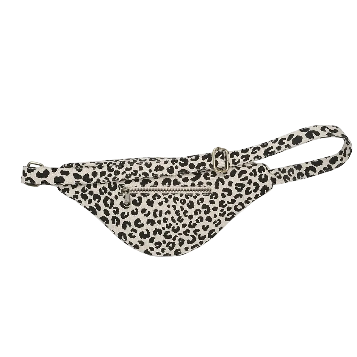 A leopard print waist bag with a cream background and black spots, featuring a zippered front pocket and a silver buckle closure, shown against a light gray background.