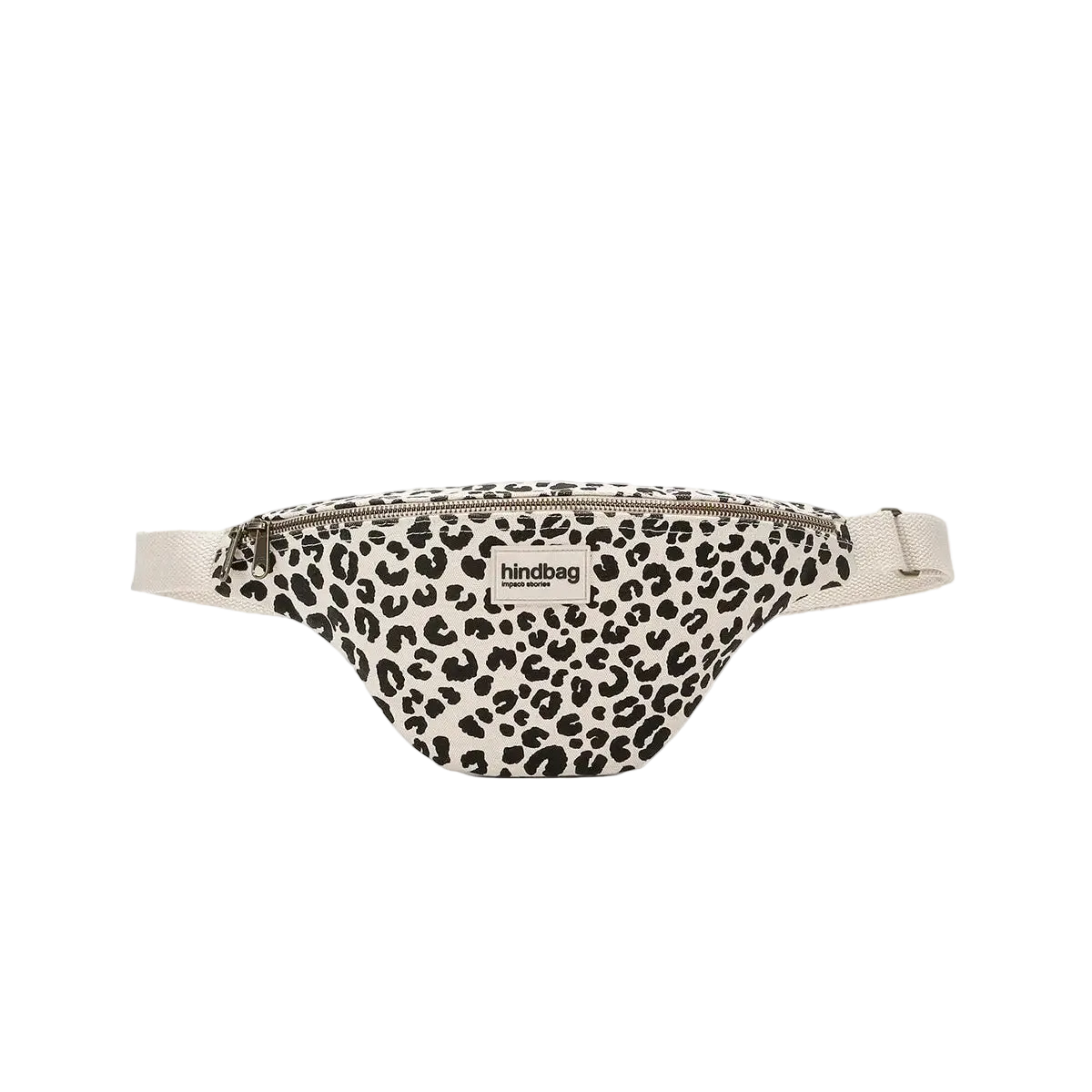 Leopard print fanny pack with 'hindbag' branding on a white background