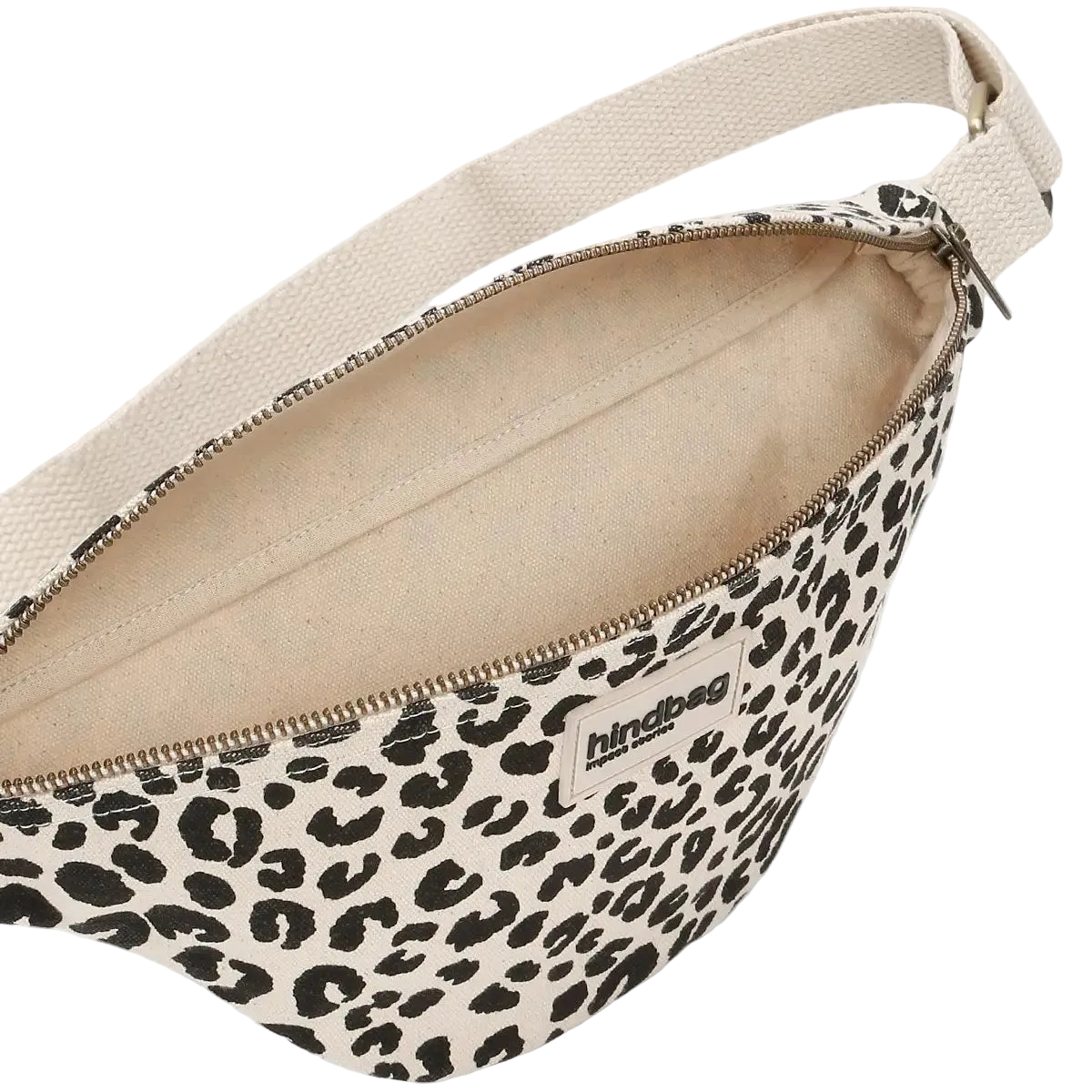 Leopard print fanny pack with beige strap on a white background