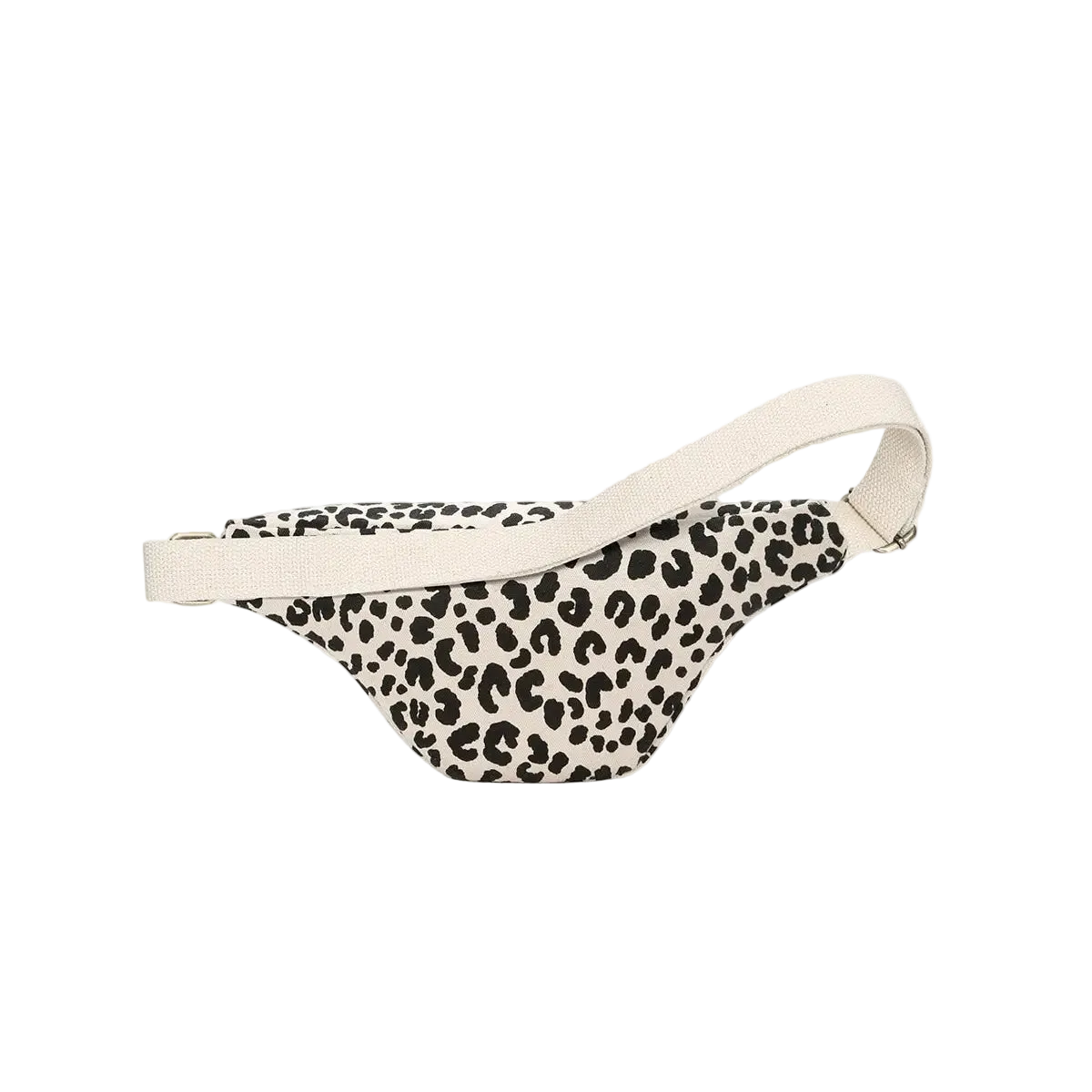 Leopard print fanny pack with a beige strap on a white background