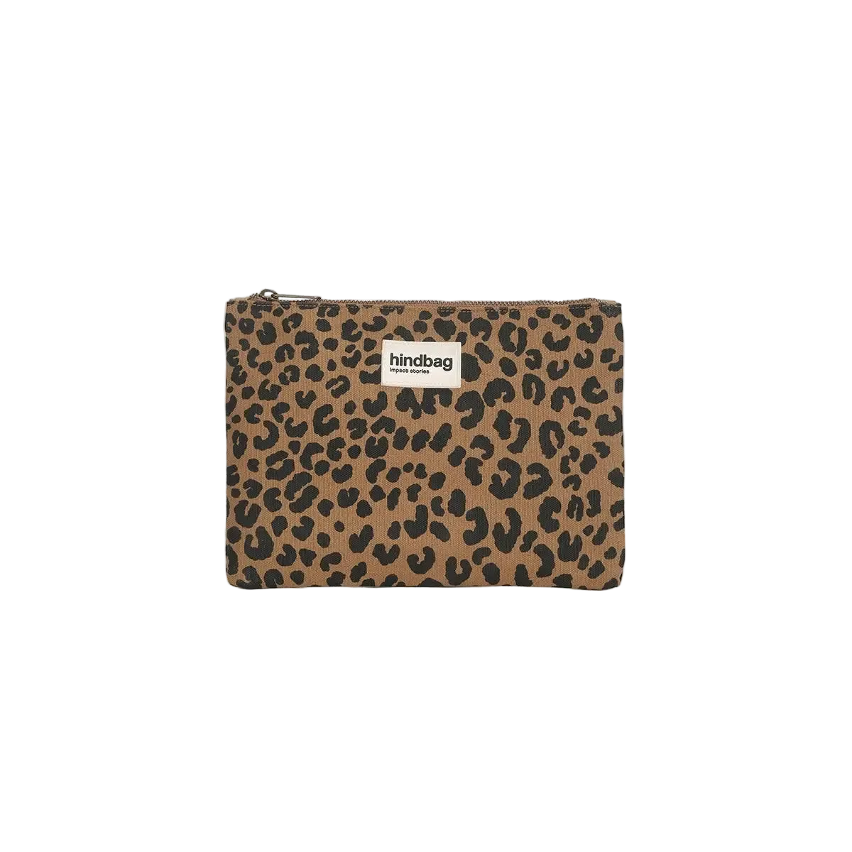 A leopard print zippered pouch with a white 'hindbag' brand label on the front, set against a solid light gray background.