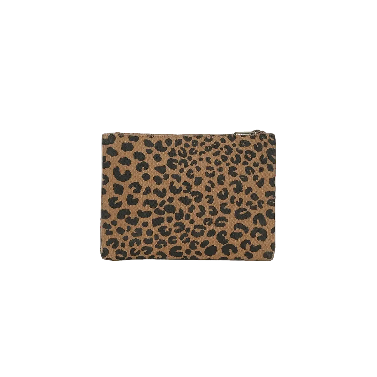 A small rectangular zip pouch with a brown and black leopard print pattern, centered on a light gray background.