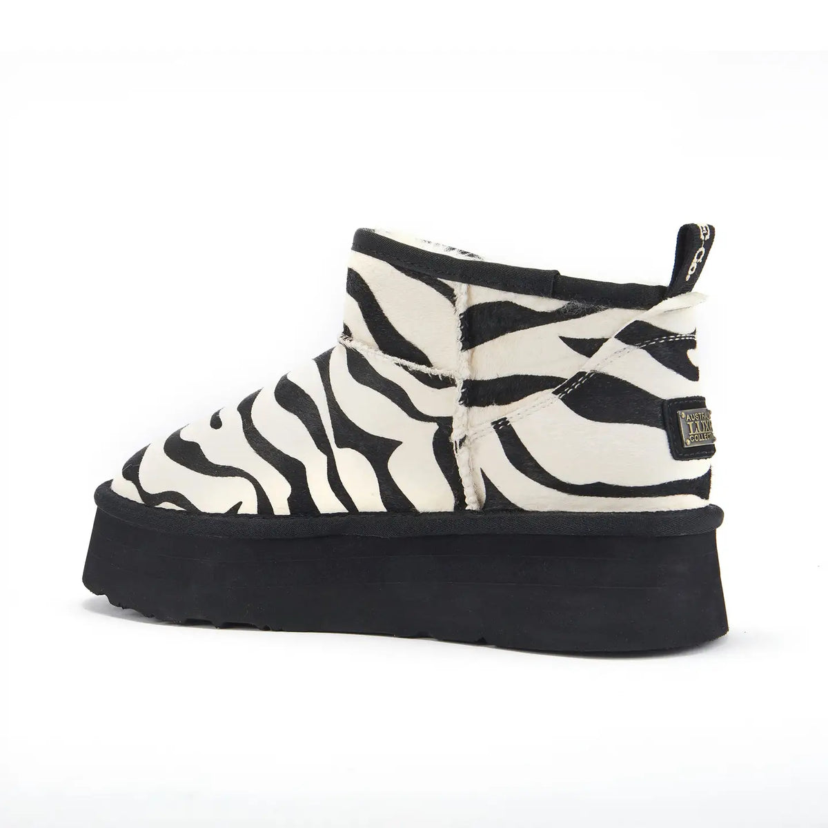 VEOBELLA Bo, Black Zebra print platform ultra-short boot, angle view
