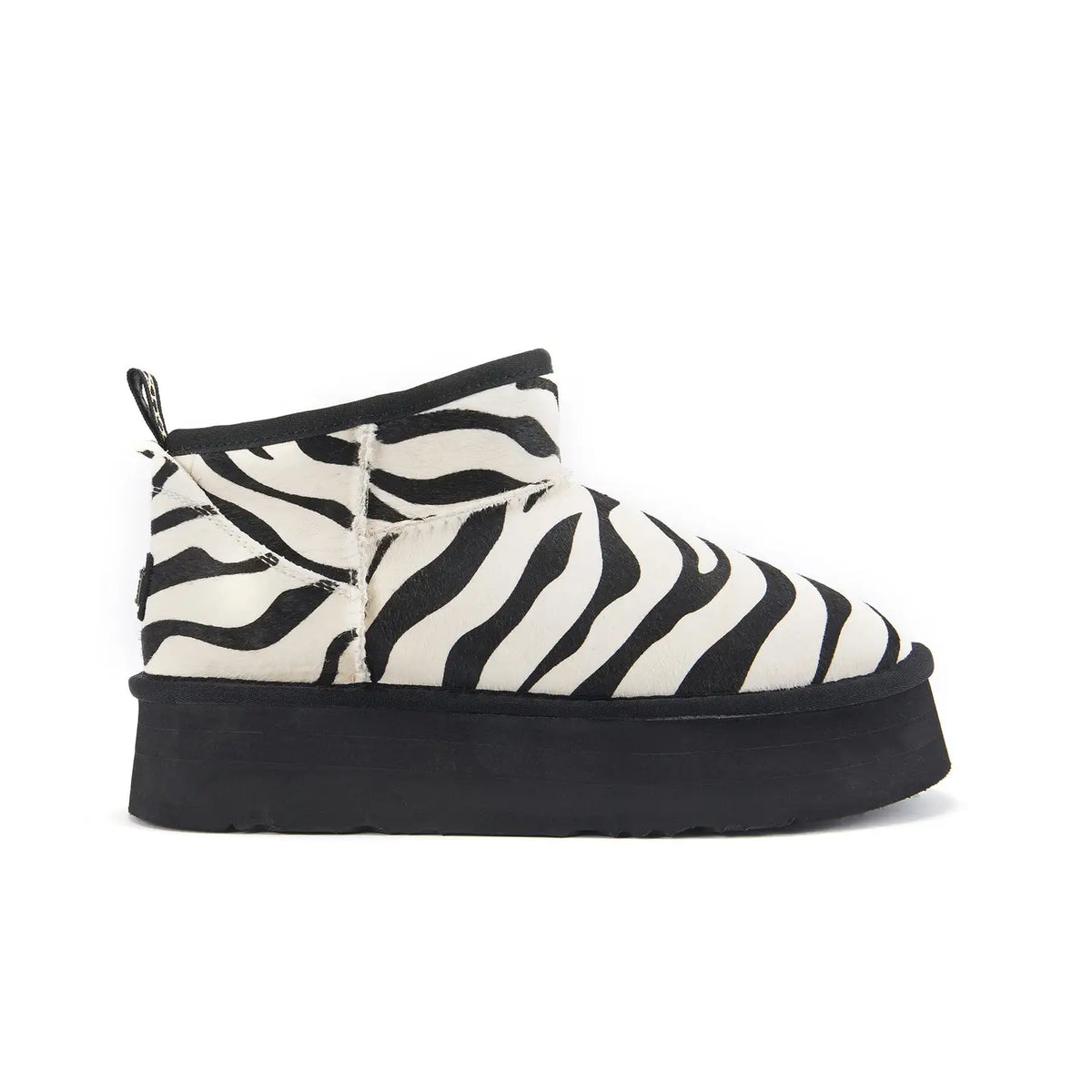 VEOBELLA Bo, Black Zebra print platform ultra-short boot, front view