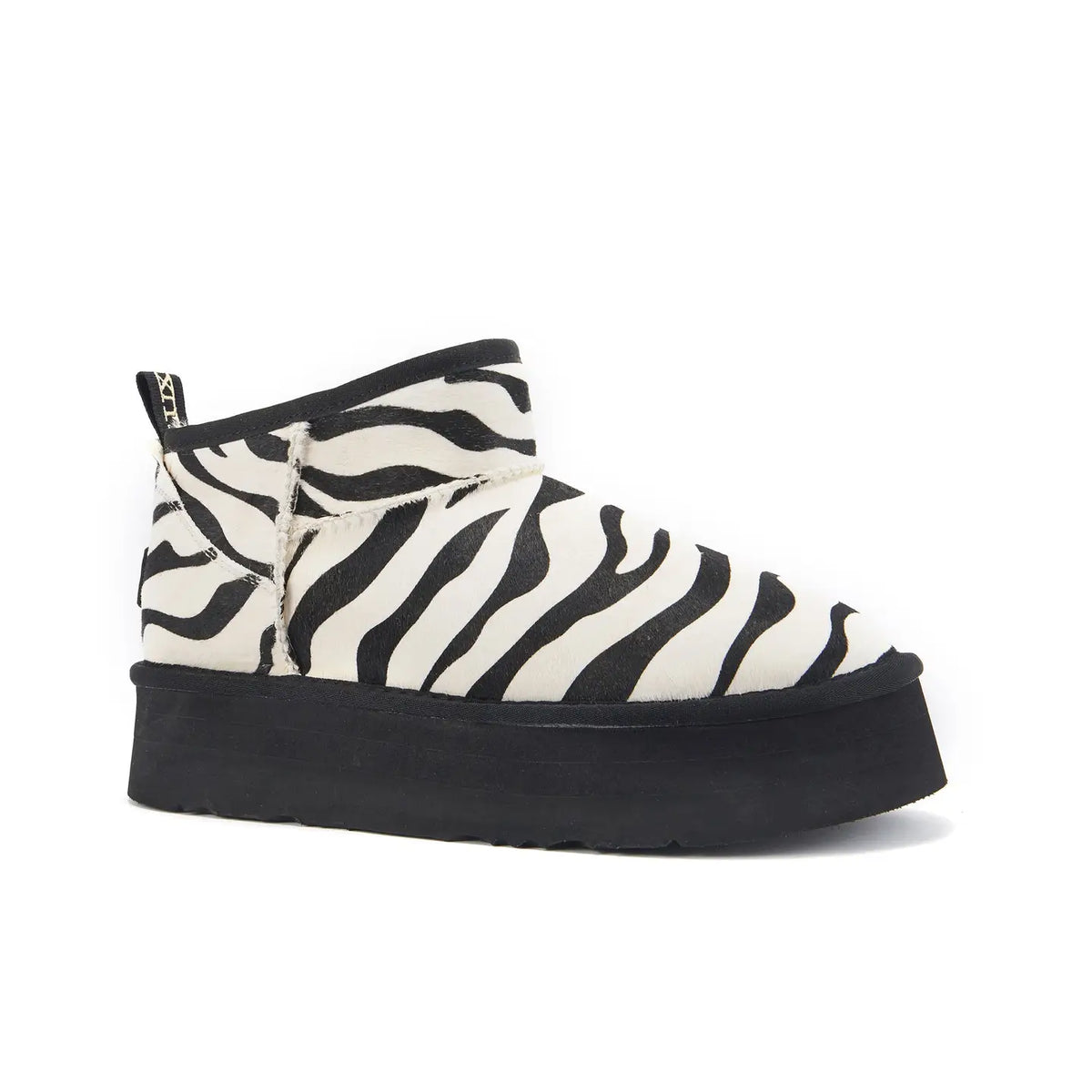 VEOBELLA Bo, Black Zebra print platform ultra-short boot, side view