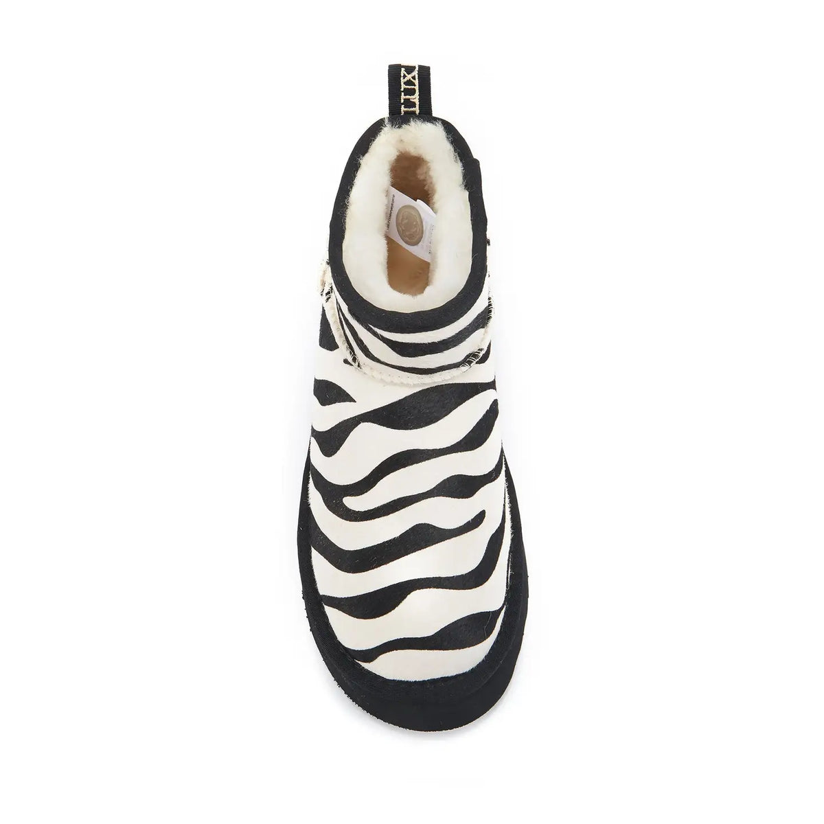 VEOBELLA Bo, Black Zebra print platform ultra-short boot, top view