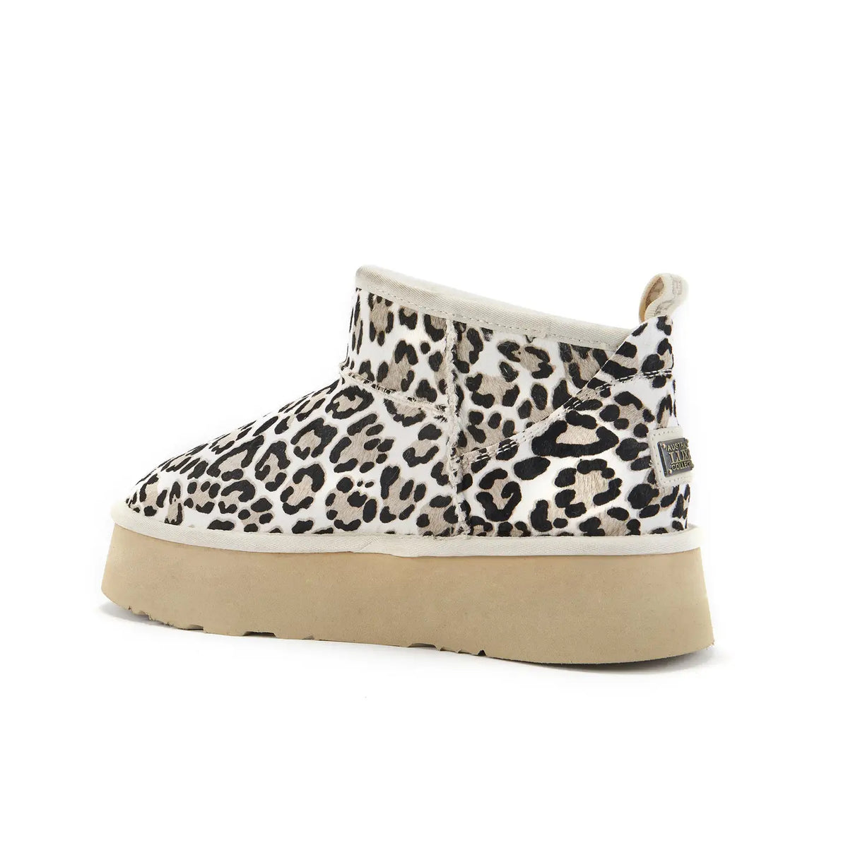 VEOBELLA Nova, Snow Leopard print platform ultra-short boot, angle view