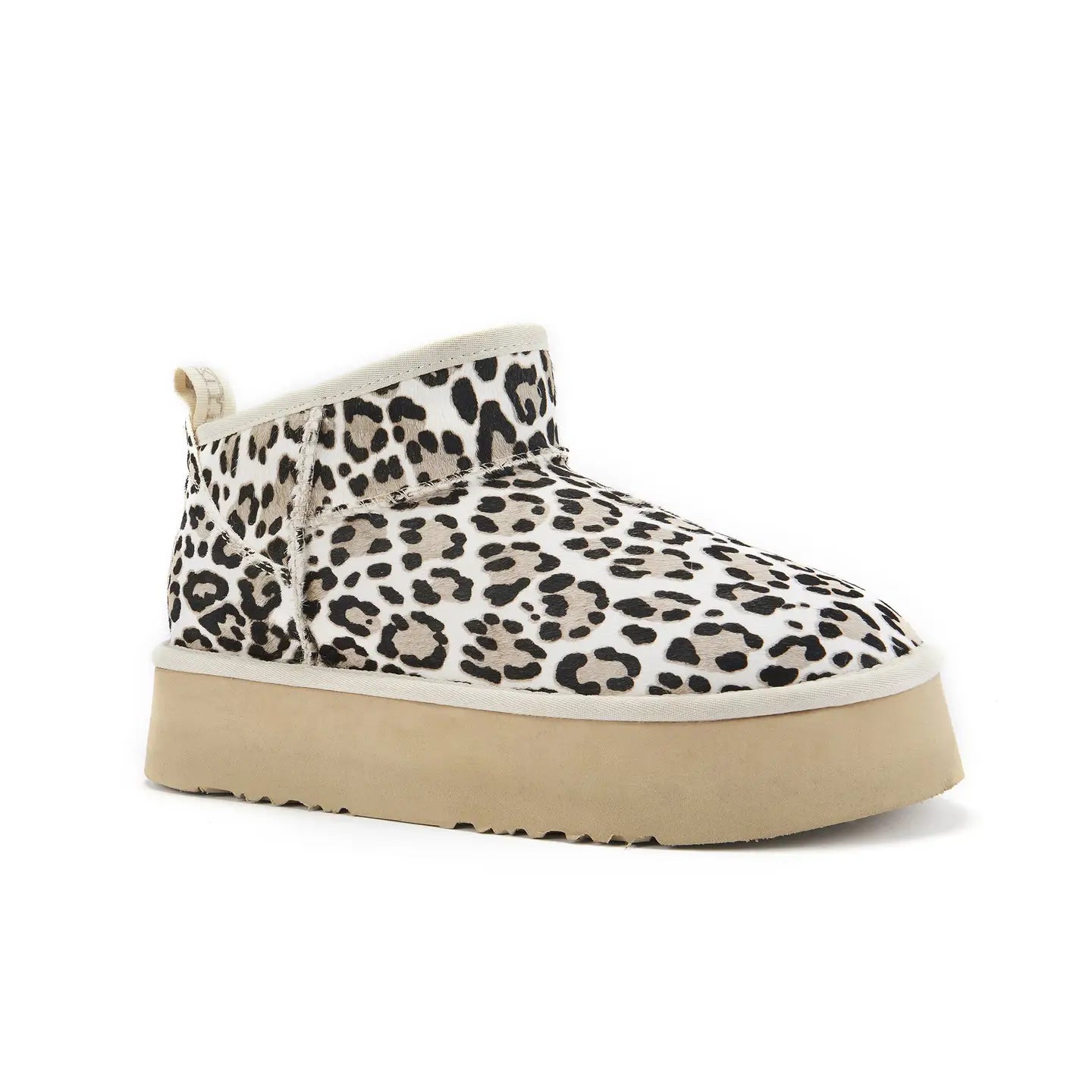 VEOBELLA Nova, Snow Leopard print platform ultra-short boot, front view