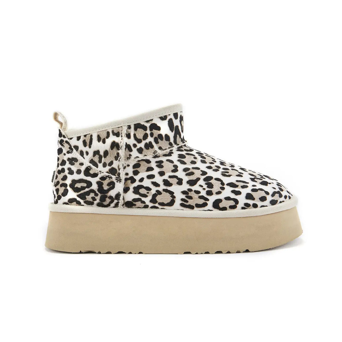 VEOBELLA Nova, Snow Leopard print platform ultra-short boot, side view