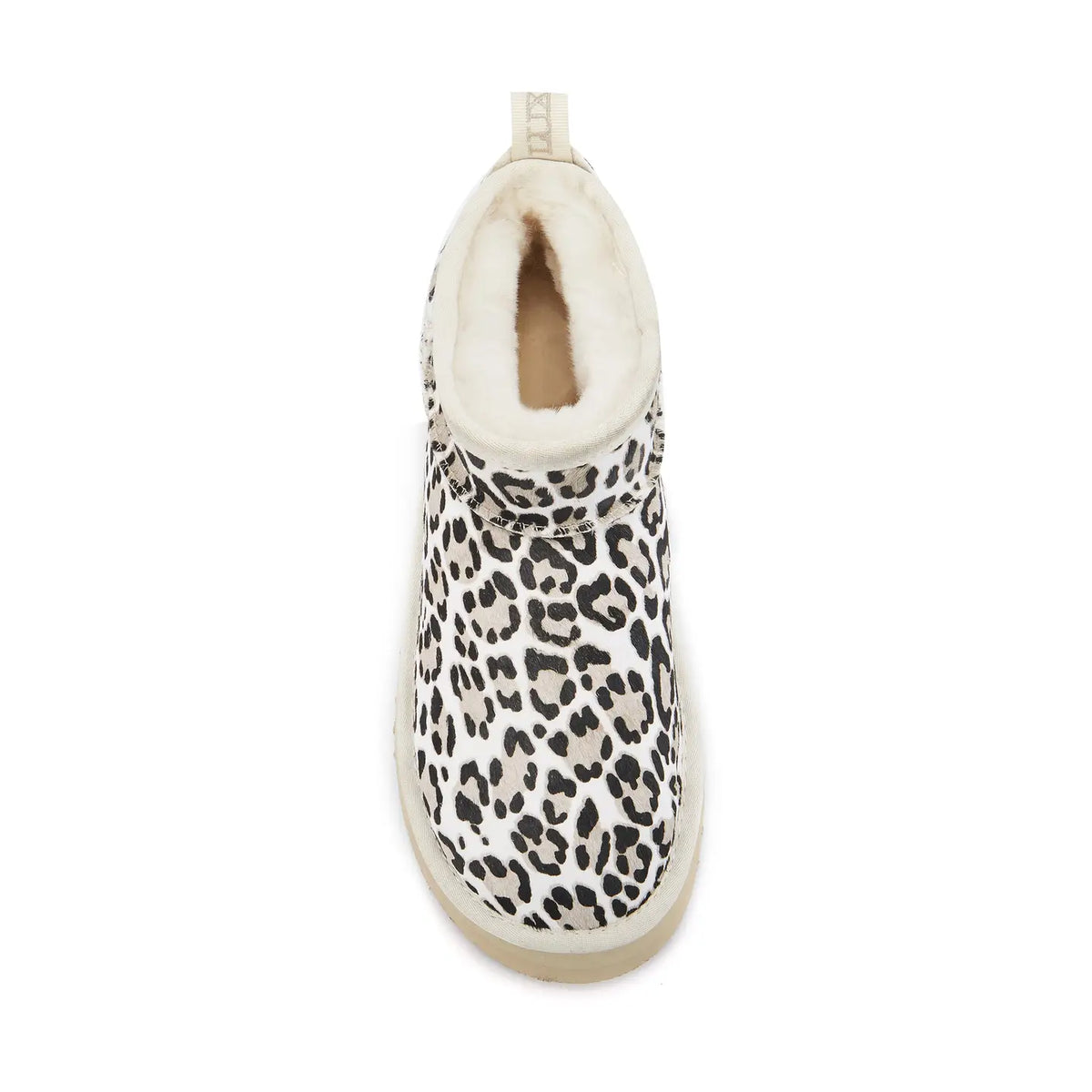 VEOBELLA Nova, Snow Leopard print platform ultra-short boot, top view