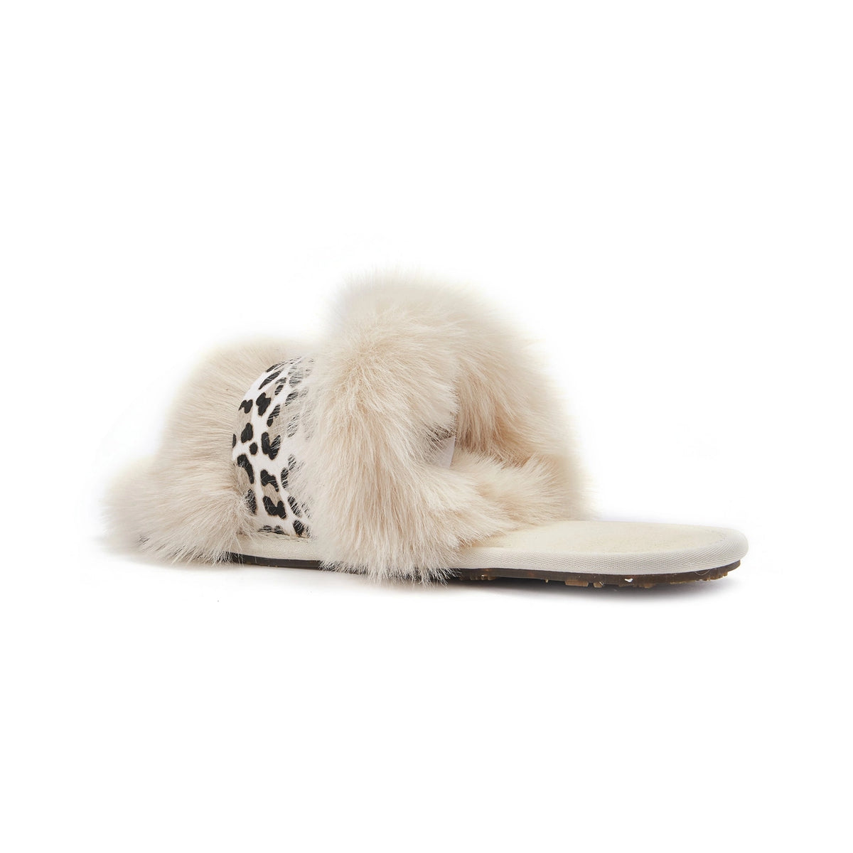 VEOBELLA Odin, Snow Leopard print luxe shearling slide sandal, angle view