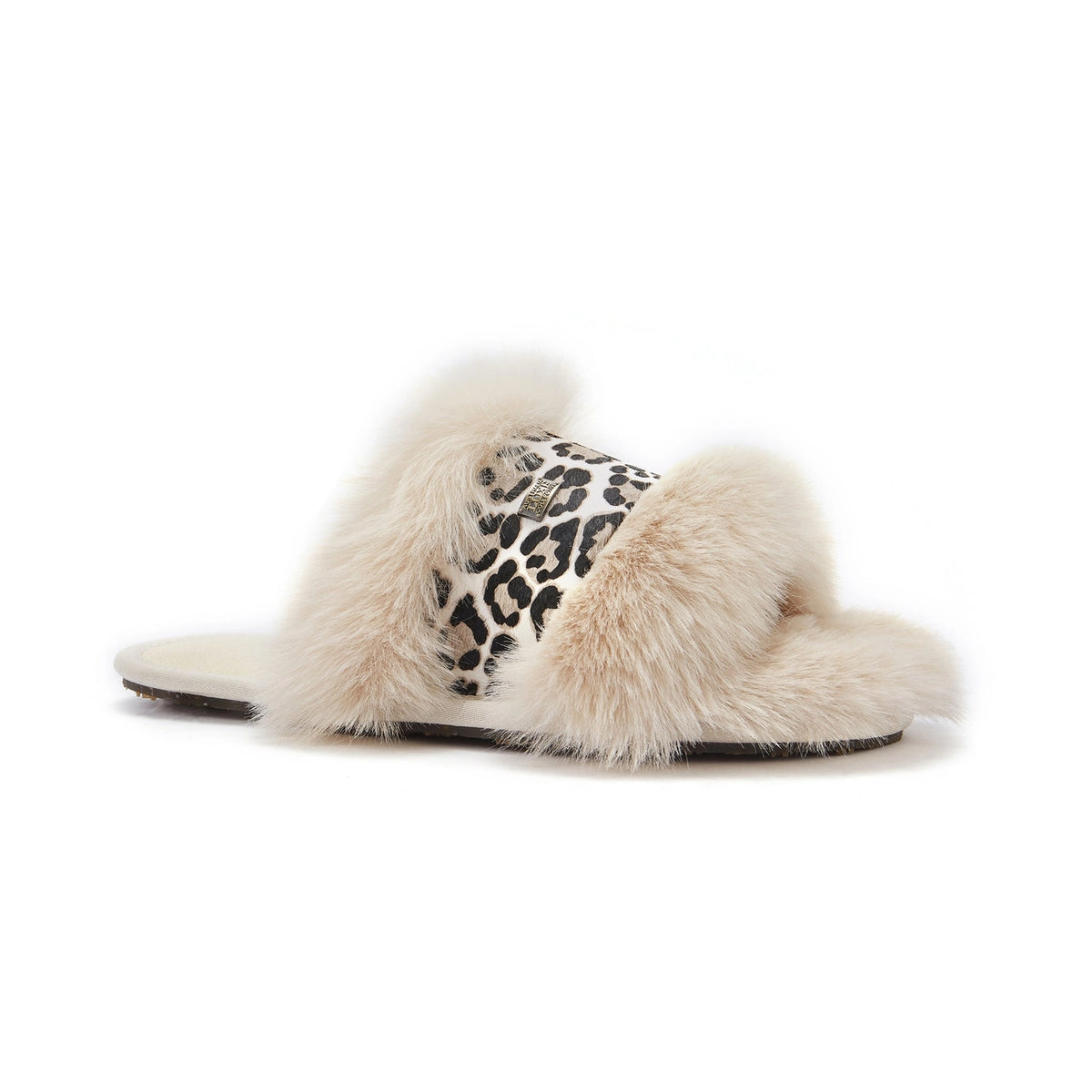 VEOBELLA Odin, Snow Leopard print luxe shearling slide sandal, front view
