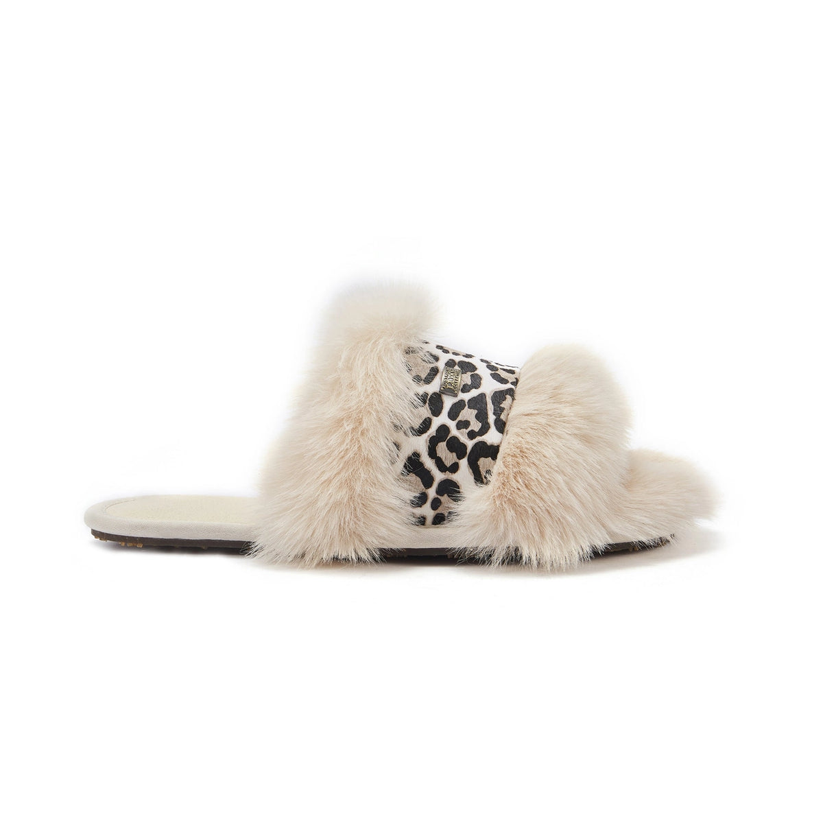 VEOBELLA Odin, Snow Leopard print luxe shearling slide sandal, side view