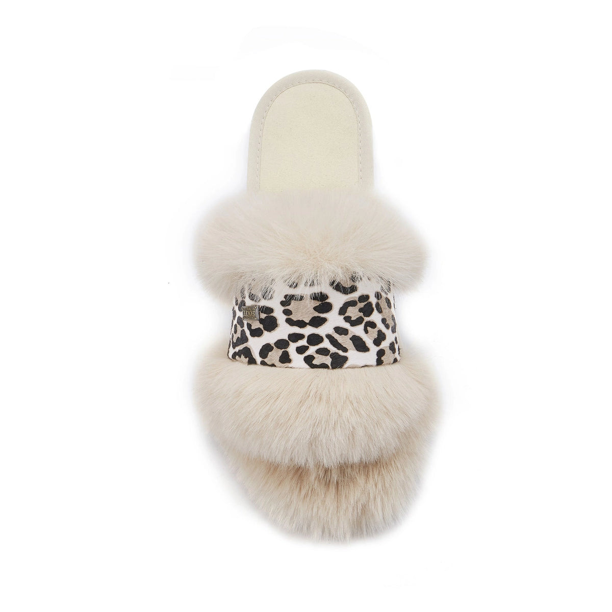 VEOBELLA Odin, Snow Leopard print luxe shearling slide sandal, top view