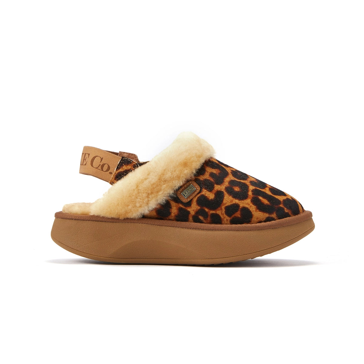 VEOBELLA Sorrel, Leopard print fur-cuff mule, angle view