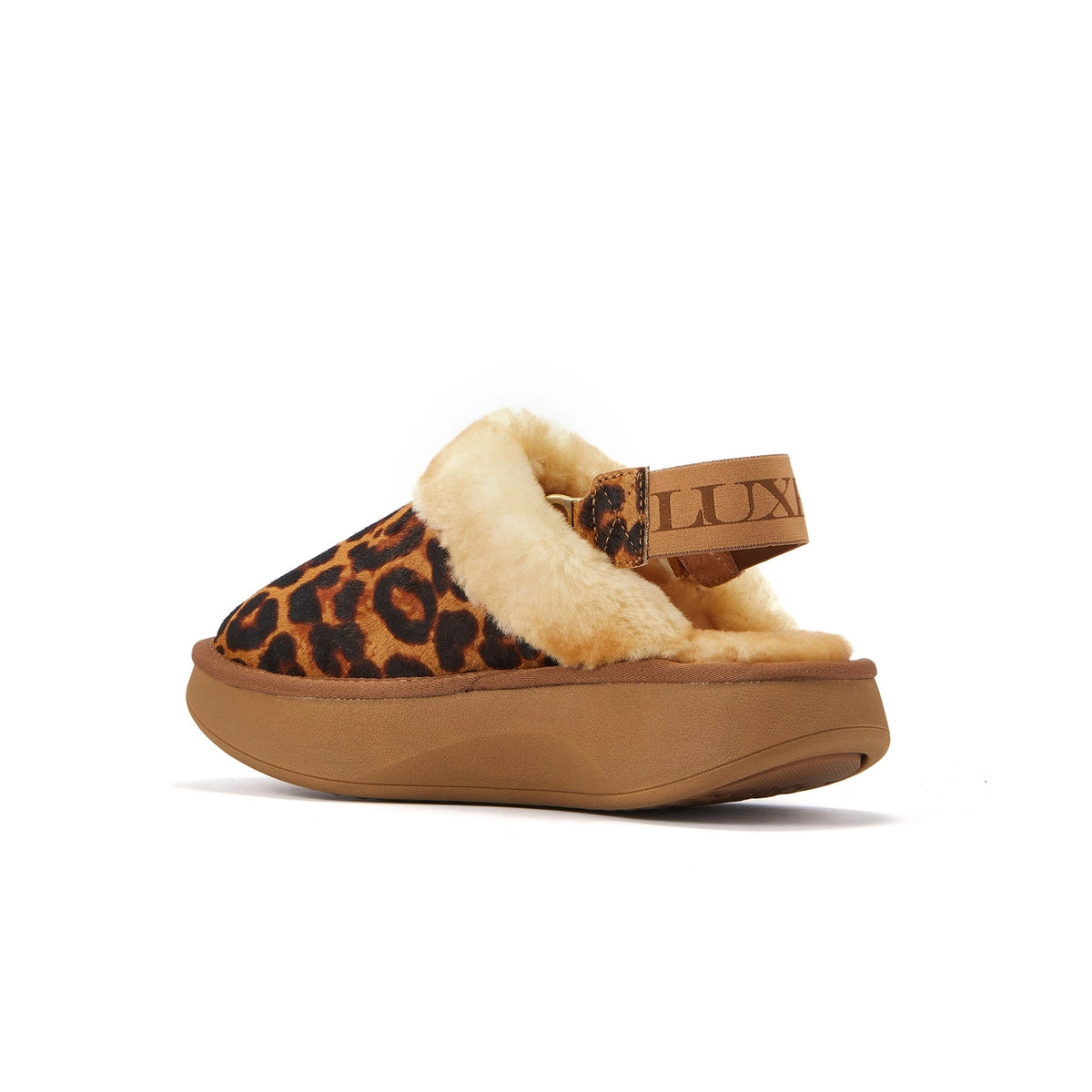 VEOBELLA Sorrel, Leopard print fur-cuff mule, heel view