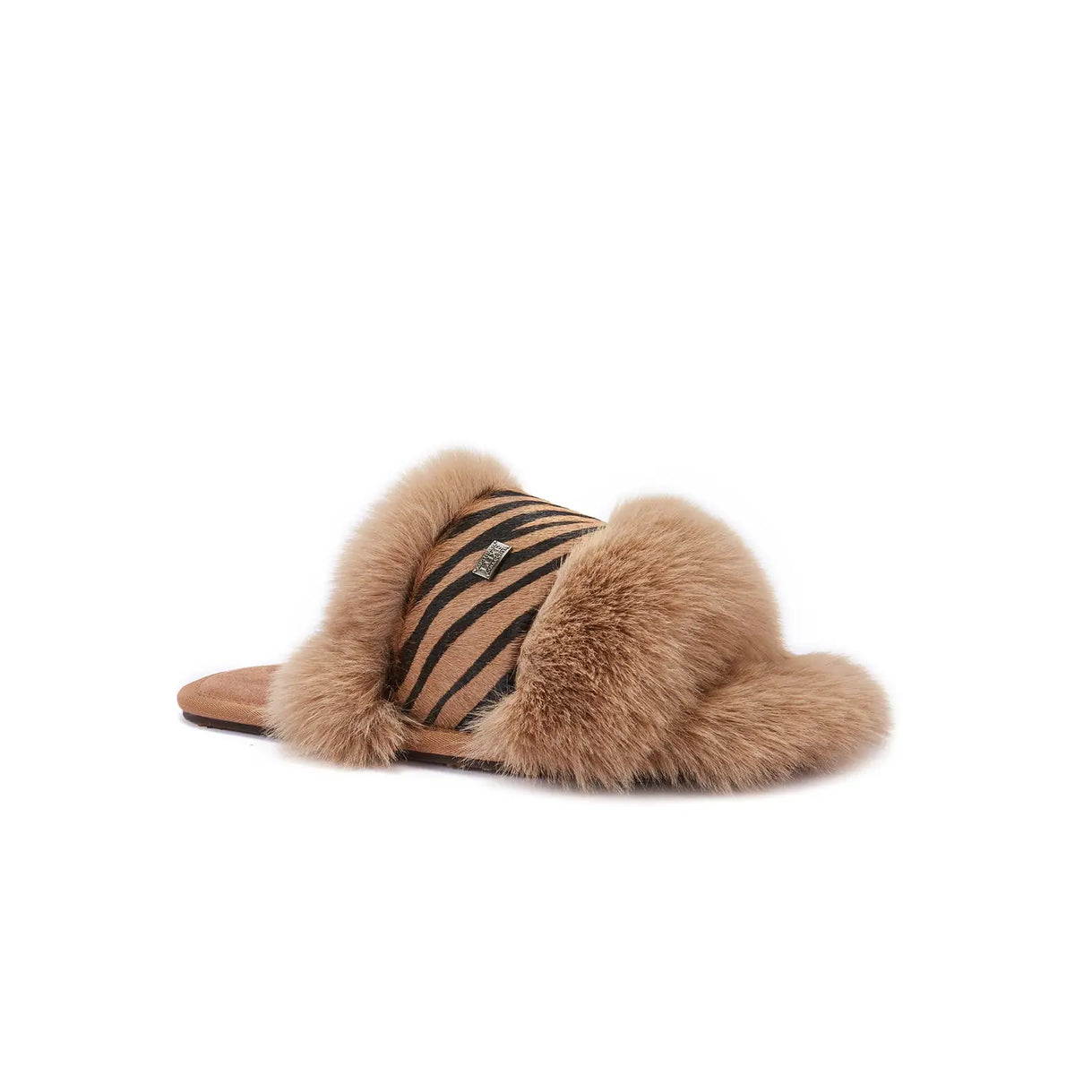 VEOBELLA Talia, Zebra print luxe shearling slide sandal, angle view