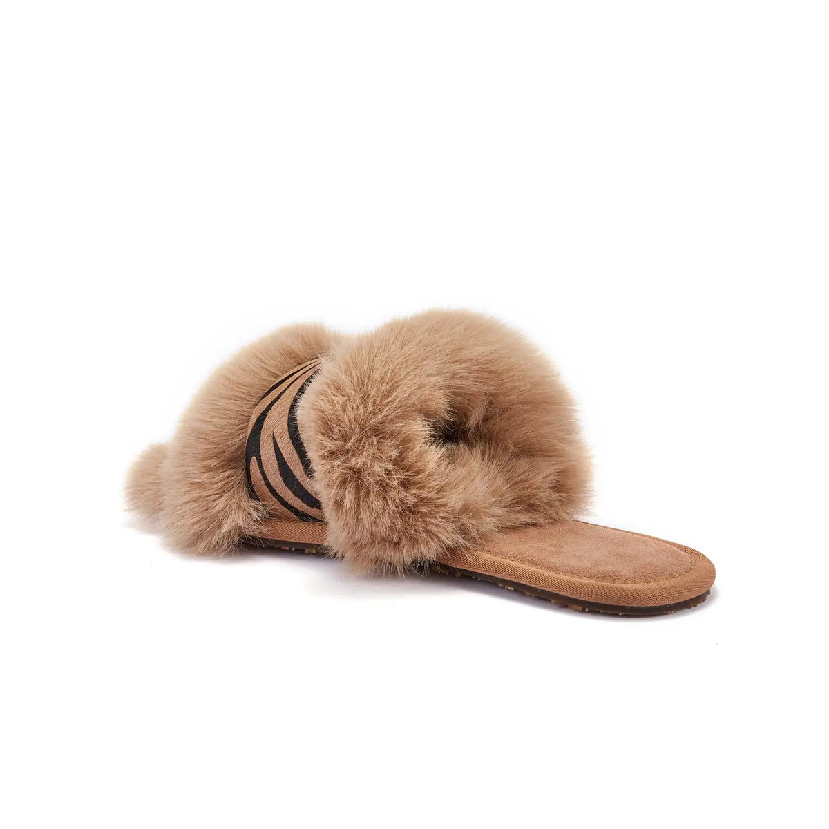 VEOBELLA Talia, Zebra print luxe shearling slide sandal, front view