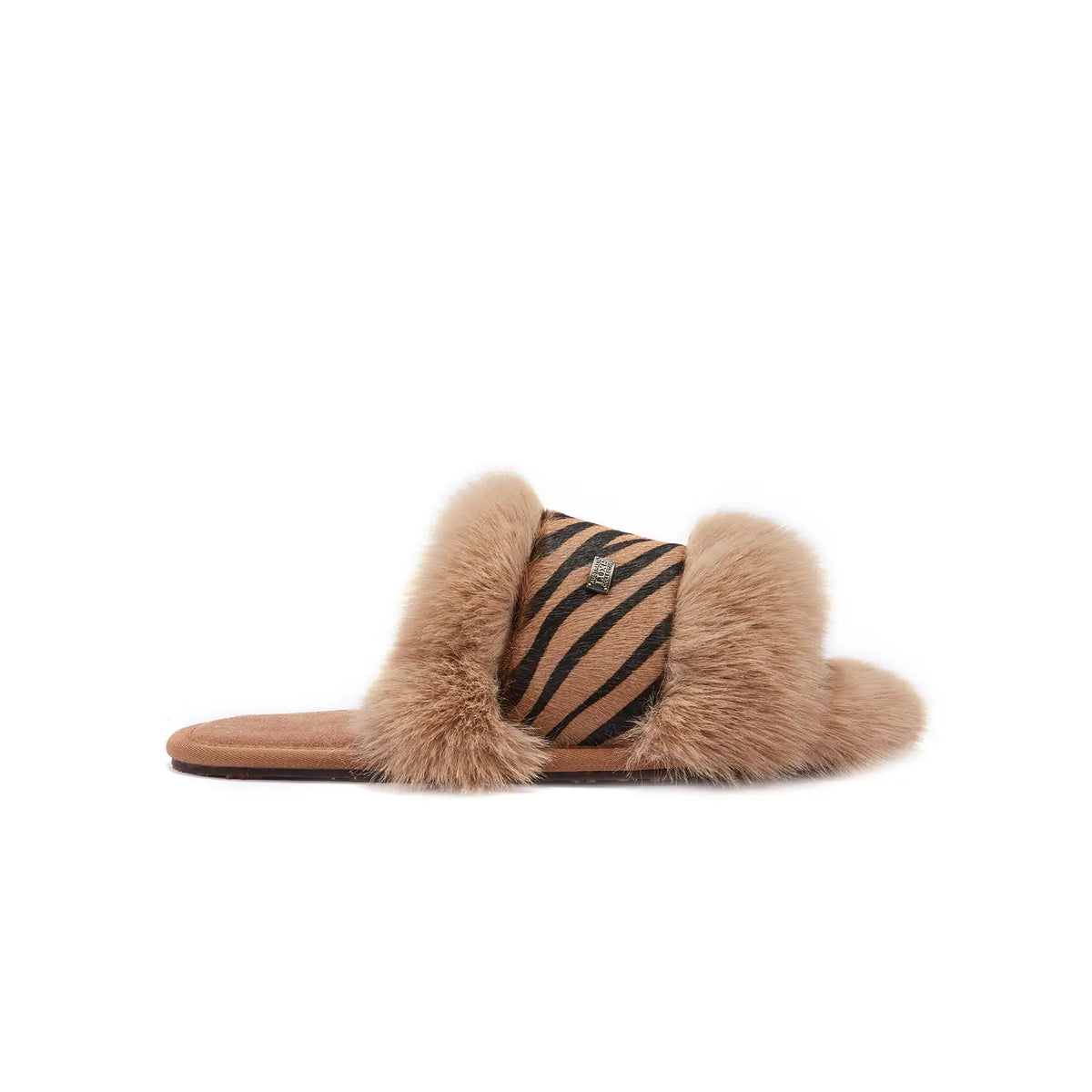 VEOBELLA Talia, Zebra print luxe shearling slide sandal, side view