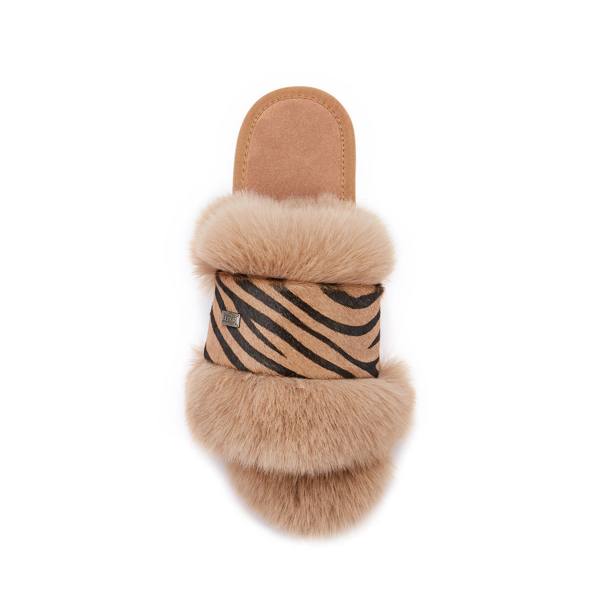 VEOBELLA Talia, Zebra print luxe shearling slide sandal, top view